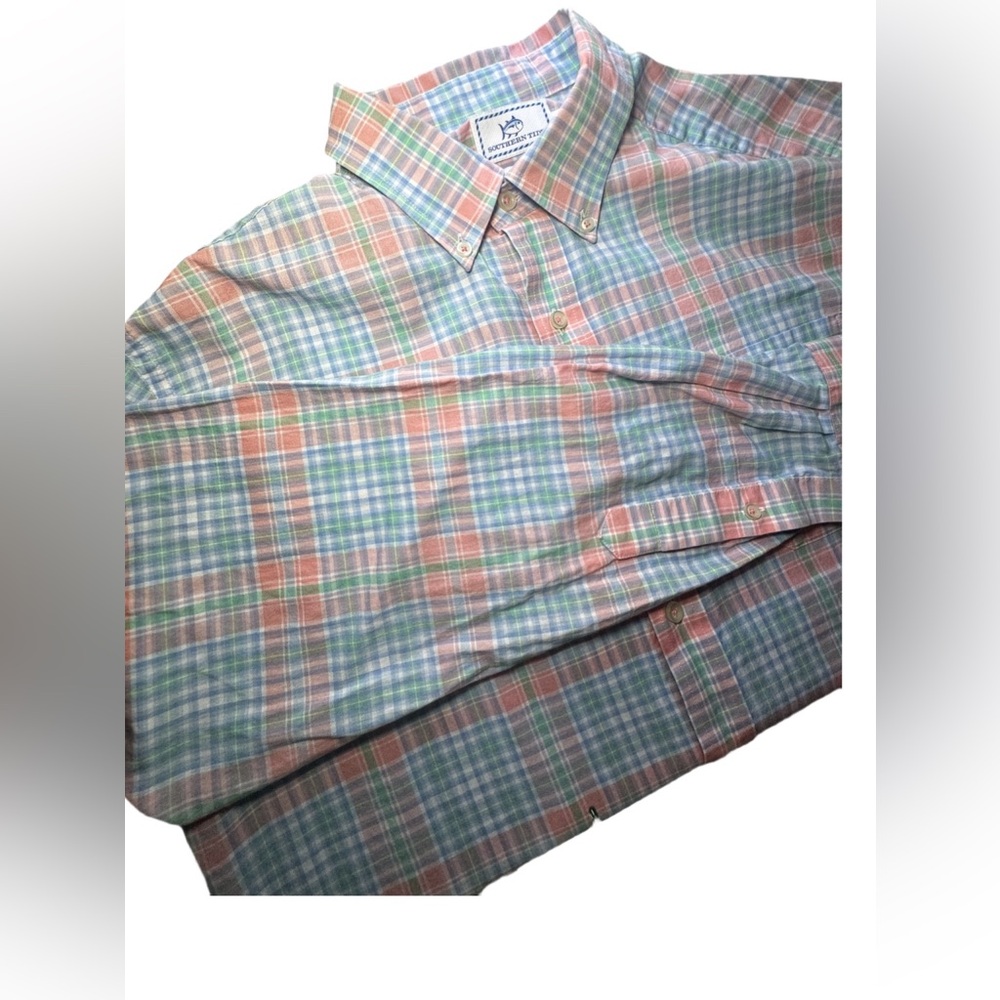 Southern Tide Mens Large Trim Fit Plaid Button Down Shirt Pink Blue Green Cotton